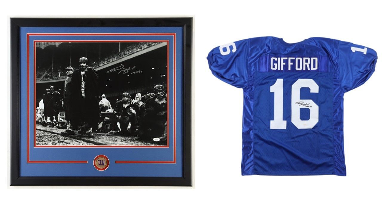 Frank Gifford Signed New York Giants Jersey Inscribed "HOF 77" (JSA) & Frank Gifford Signed New York Giants Custom Framed 24" by 26" Photo Display with Team Logo Medallion Inscribed "HOF '77" (JSA)