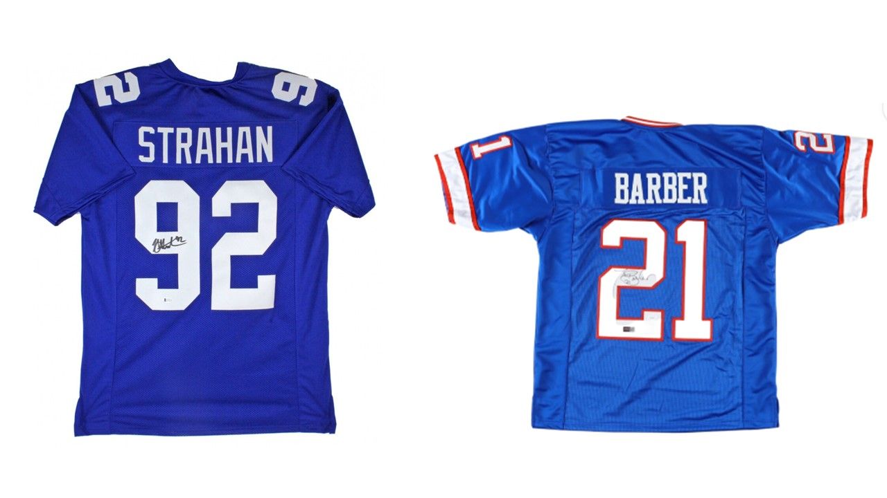 Michael Strahan Signed New York Giants Jersey (Beckett) & Tiki Barber Signed New York Giants Jersey (JSA)