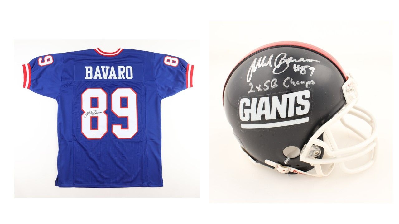Mark Bavaro Signed New York Giants Jersey (JSA) & Mark Bavaro Signed New York Giants Throwback Mini Helmet Inscribed "2x SB Champs" (JSA)
