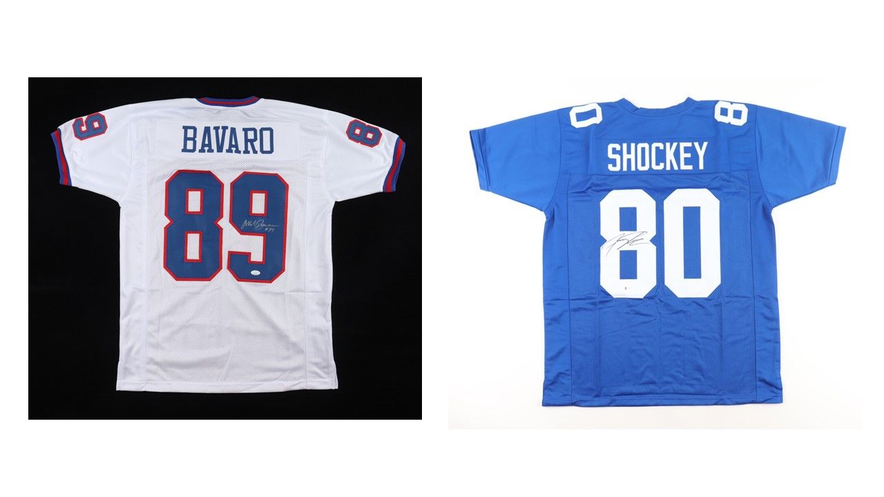 Mark Bavaro Signed New York Giants Jersey (JSA) and Jeremy Shockey Signed New York Giants Jersey (Beckett)