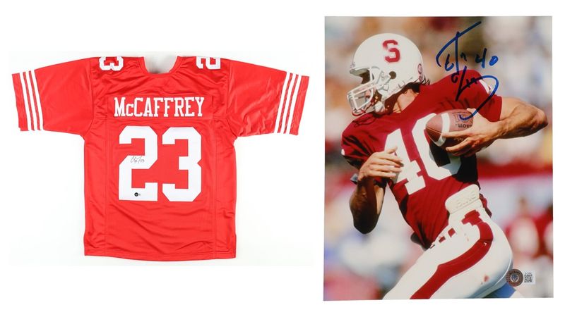 Christian McCaffrey Signed San Fransisco 49ers Jersey (Beckett) & Ed McCaffrey Sr. Signed Stanford Cardinal 8x10 Photo (Beckett)