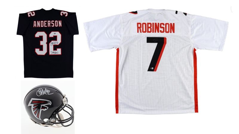 Bijan Robinson Signed Atlanta Falcons Jersey (Beckett), Jamaal Anderson Signed Atlanta Falcons Mini Helmet (PSA) and Jamal Anderson Signed Atlanta Falcons Jersey Inscribed Bijan Robinson Signed Atlanta Falcons Jersey (Beckett), Jamaal Anderson Signed Atlanta Falcons Mini Helmet (PSA) and Jamal Anderson Signed Atlanta Falcons Jersey Inscribed "Dirty Bird" (Beckett)