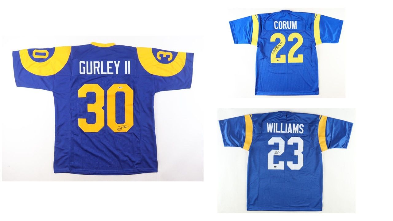Kyren Williams Signed Los Angeles Rams Jersey (Beckett), Blake Corum Signed Los Angeles Rams Jersey (Beckett), & Todd Gurley II Signed Los Angeles Rams Jersey (Beckett)