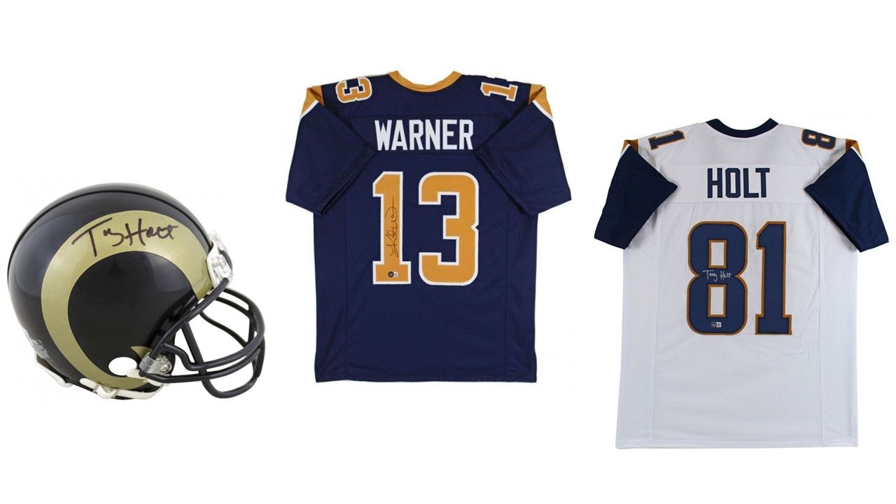 Kurt Warner Signed St Louis Rams Jersey (Beckett), Torry Holt Signed St. Louis Rams Jersey (Beckett), & Torry Holt Signed St. Louis Rams Mini Helmet (Beckett)