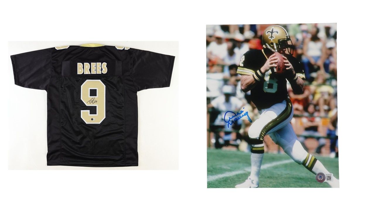Drew Brees Signed New Orleans Saints Jersey (Beckett) & Archie Manning Signed New Orleans Saints 8x10 Photo (Beckett)