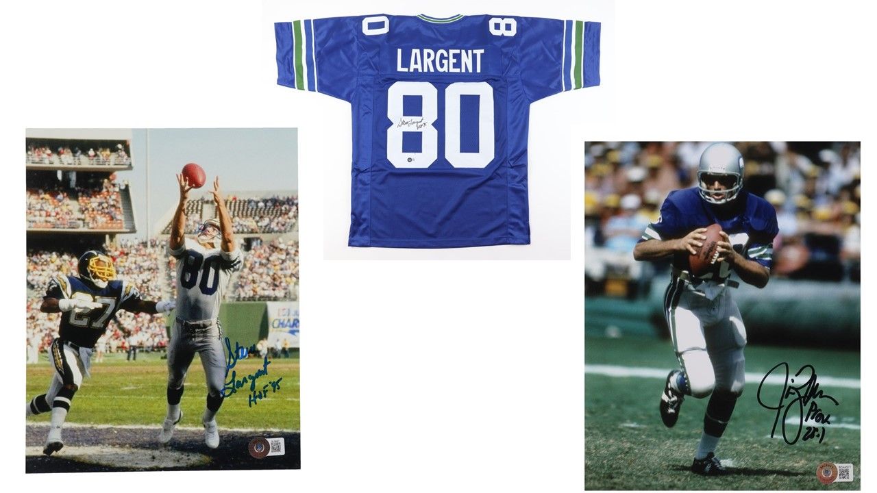 Steve Largent Signed Seattle Seahawks Jersey Inscribed "HOF 95" (Beckett), Steve Largent Signed Seahawks 8x10 Photo Inscribed "HOF '95" (Beckett) Jim Zorn Signed Seattle Seahawks 8x10 Photo (Beckett)