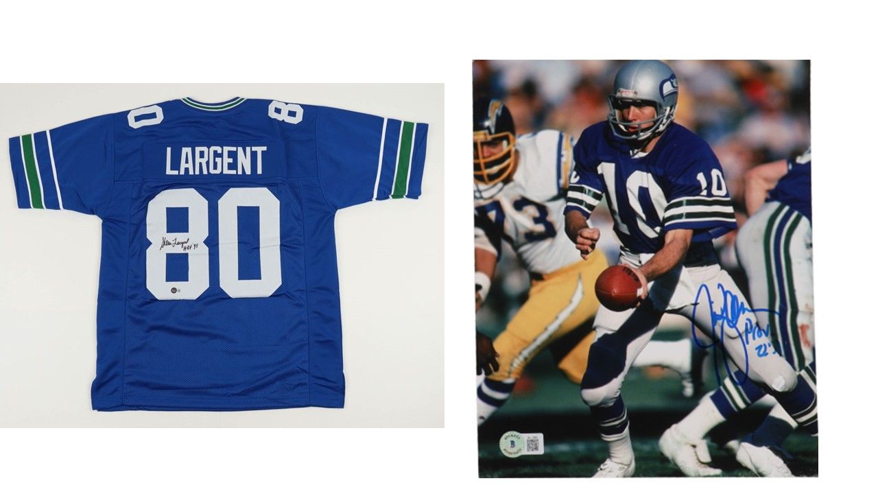 Steve Largent Signed Seattle Seahawks Jersey Inscribed "HOF 95" (Beckett) & Jim Zorn Signed Seattle Seahawks 8x10 Photo With Inscription (Beckett)