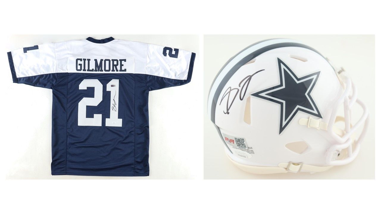 Stephon Gilmore Signed Jersey (JSA) and Stephon Gilmore Signed Cowboys Speed Mini Helmet (JSA)