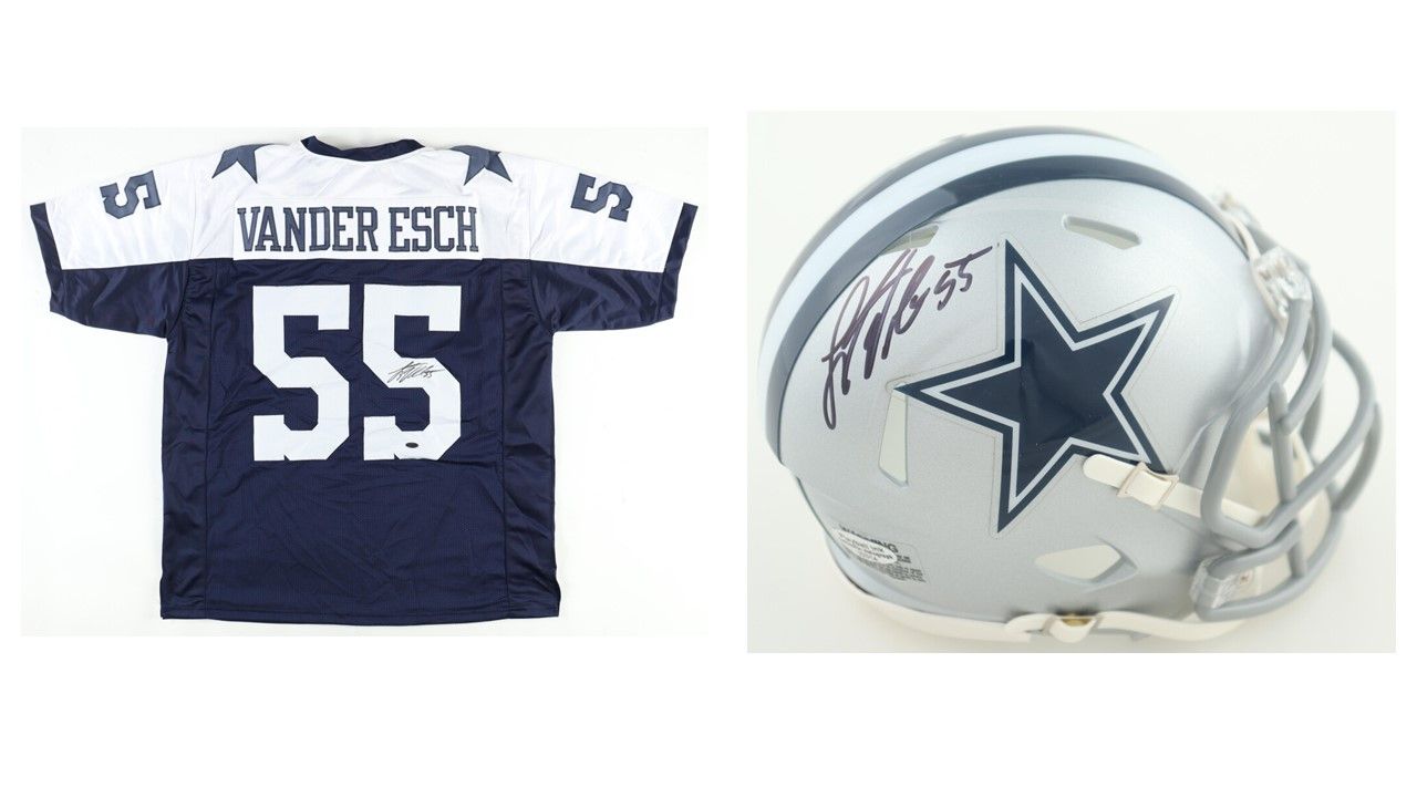 Leighton Vander Esch Signed Dallas Cowboys Jersey (Playball Ink) and Leighton Vander-Esch Signed Dallas Cowboys Speed Mini Helmet (Playball Ink)