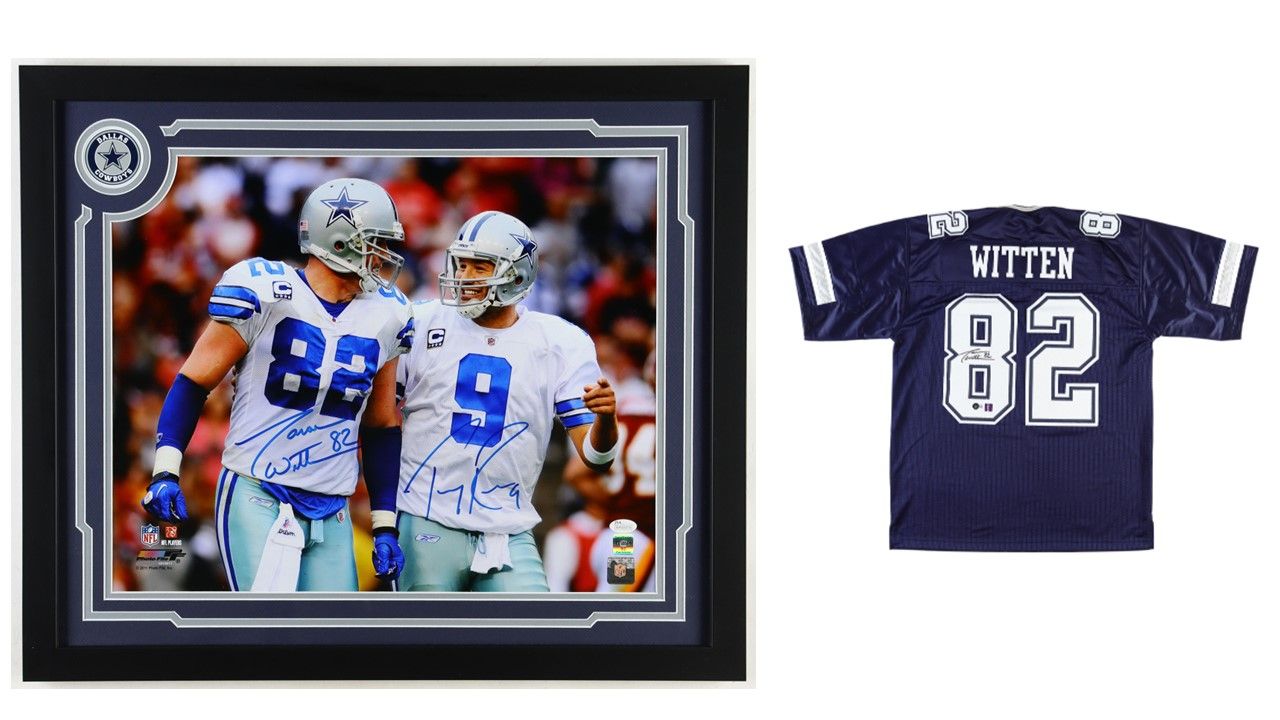 Jason Witten and Tony Romo Signed Dallas Cowboys Custom Framed 22X26 Photo (JSA & Witten) & Jason Witten Signed Dallas Cowboys Jersey (Beckett)