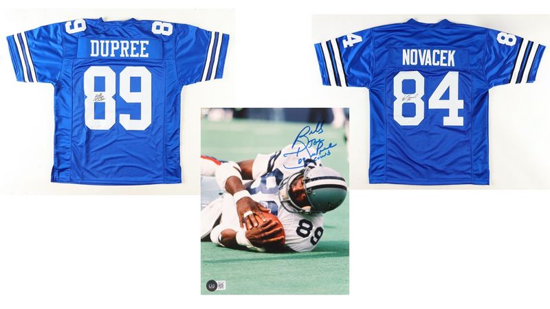 Billy Joe DuPree Signed Dallas Cowboys Jersey (JSA), Billy Joe DuPree Signed Dallas Cowboys 8x10 Photo Inscribed Billy Joe DuPree Signed Dallas Cowboys Jersey (JSA), Billy Joe DuPree Signed Dallas Cowboys 8x10 Photo Inscribed "Cows" (Beckett), & Jay Novacek Signed Dallas Cowboys Jersey (Beckett)