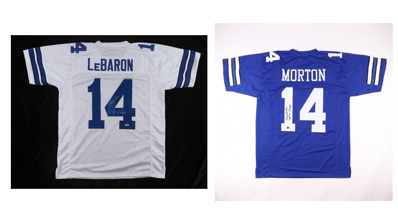 Eddie LeBaron Signed Dallas Cowboys Jersey Inscribed "1st Cowboys QB" (PSA) and Craig Morton Signed Dallas Cowboys Jersey Inscribed "SB VI Champs" (Beckett)