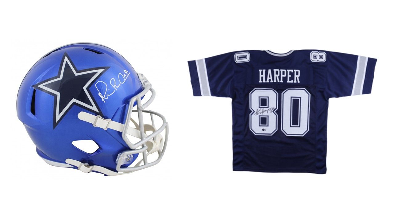 Michael "Playmaker" Irvin Signed Dallas Cowboys Full-Size Flash Alternate Speed Helmet (Beckett) & Alvin Harper Signed Dallas Cowboys Jersey (Beckett Hologram)