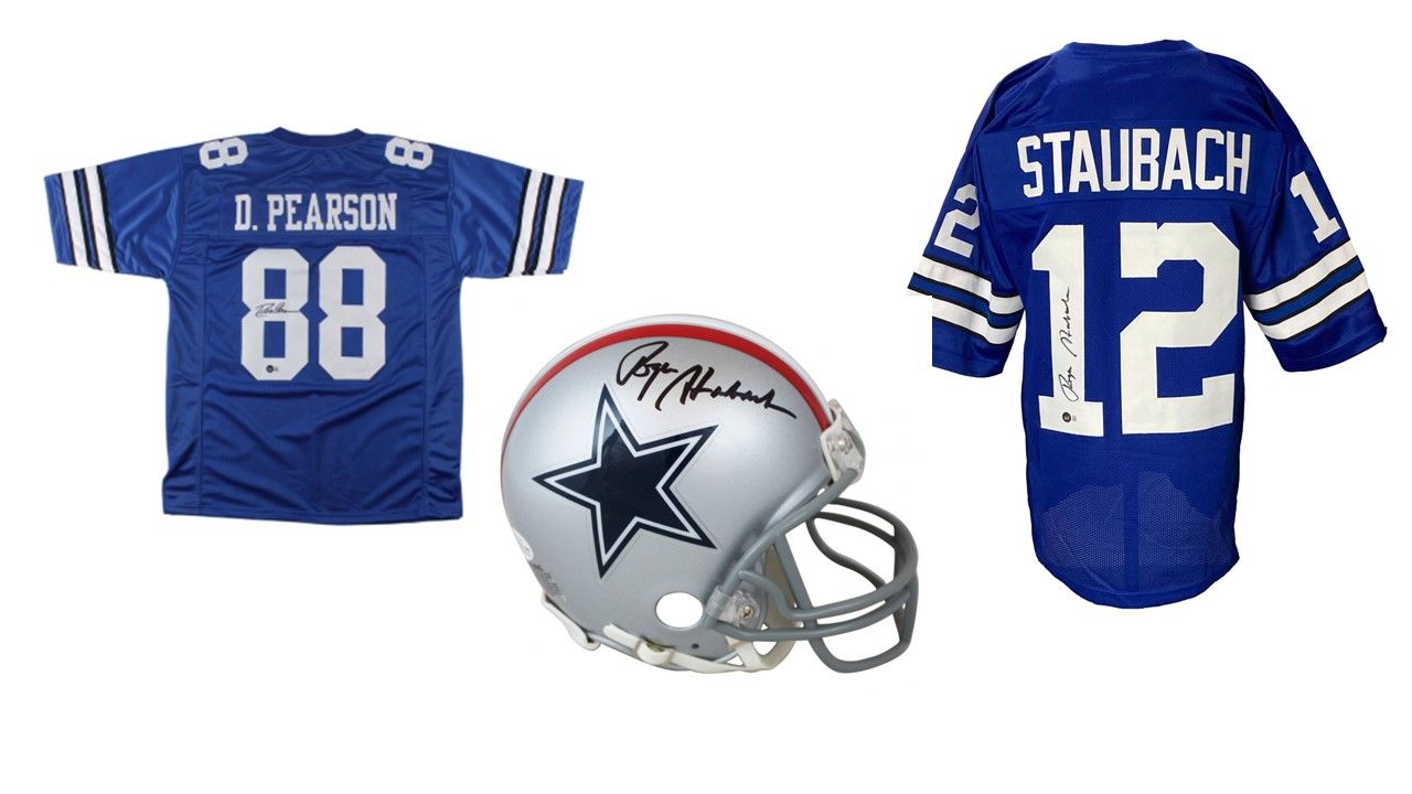 Drew Pearson Signed Dallas Cowboys Jersey (Beckett COA), Roger Staubach Signed Dallas Cowboys Speed Mini Helmet (Beckett), & Roger Staubach Signed Dallas Cowboys Jersey (Beckett)