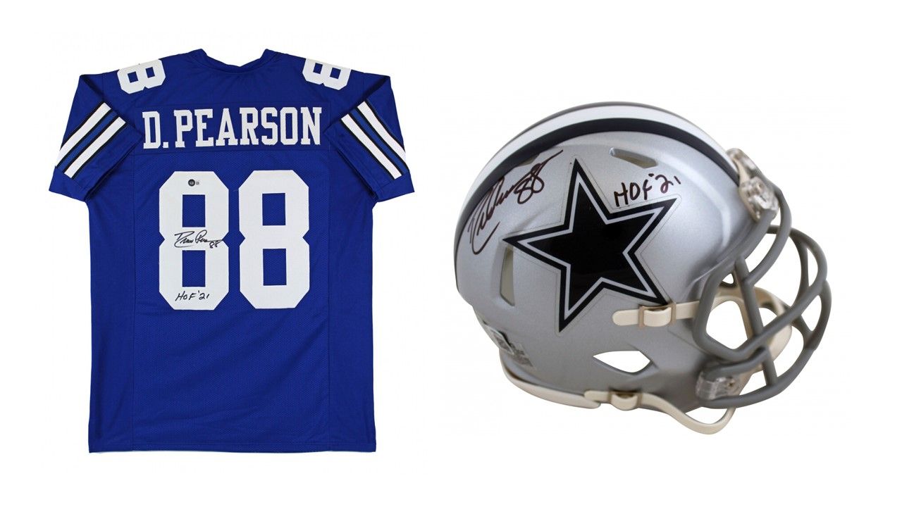 Drew Pearson Signed Dallas Cowboys Jersey Inscribed "HOF 21" (Beckett) & Drew Pearson Signed Dallas Cowboys Speed Mini Helmet Inscribed "HOF '21" (Beckett)