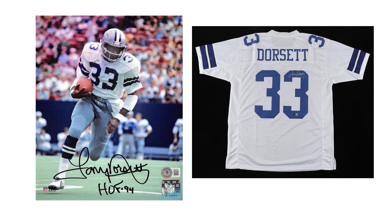 Tony Dorsett Signed Dallas Cowboys Jersey (Beckett) & Tony Dorsett Signed Dallas Cowboys 8x10 Photo Inscribed "HOF 94'" (Beckett)