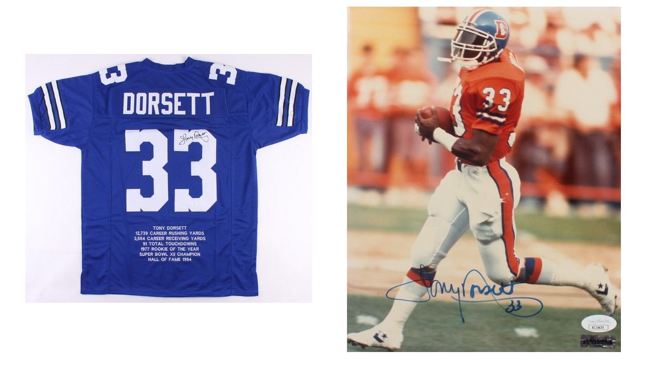 Tony Dorsett Signed Dallas Cowboys Career Highlight Stat Jersey (JSA COA) and Tony Dorsett Signed Denver Broncos 8x10 Photo (JSA)