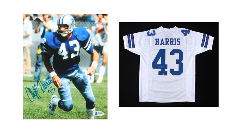 Cliff Harris Signed Jersey (Beckett & Harris) and Cliff Harris Signed Cowboys 8x10 Photo Inscribed Cliff Harris Signed Jersey (Beckett & Harris) and Cliff Harris Signed Cowboys 8x10 Photo Inscribed "HOF" (Beckett)