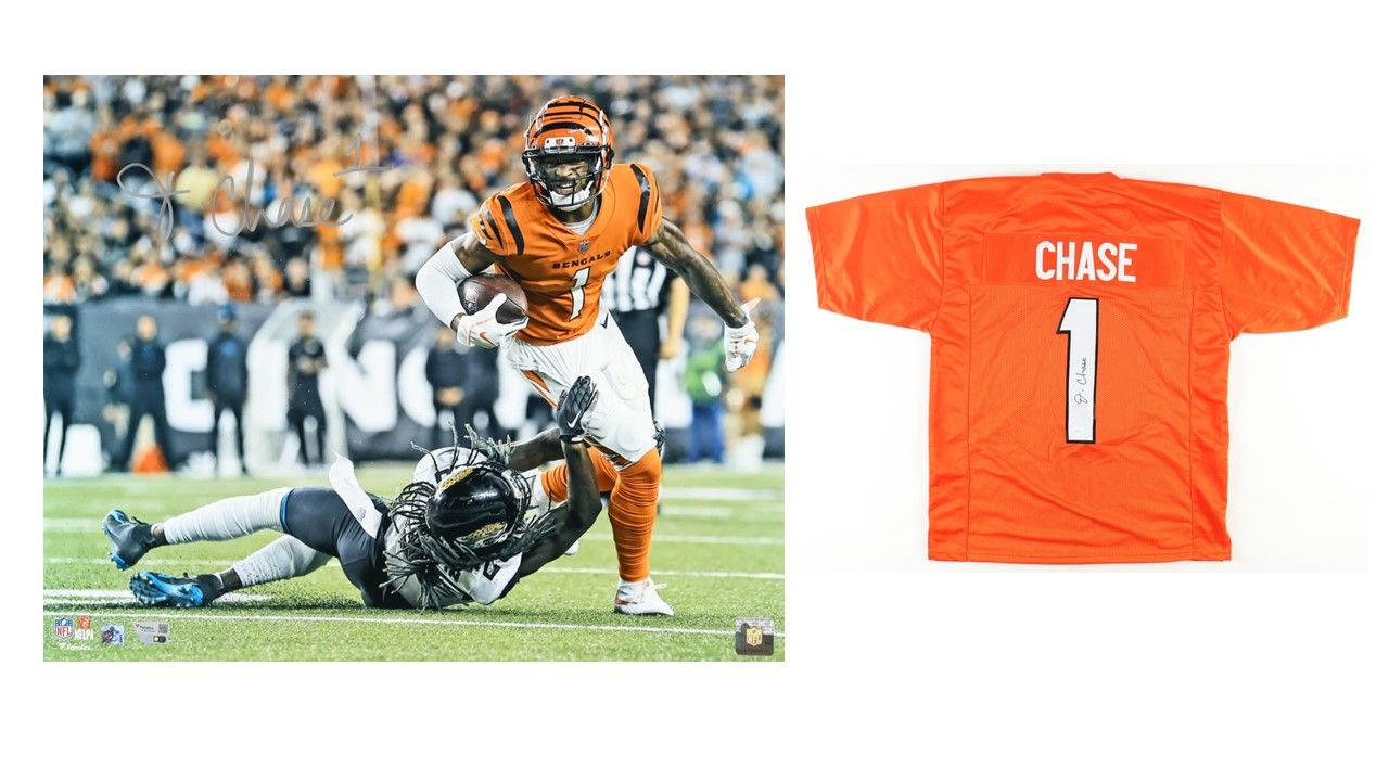 Ja'Marr Chase Signed Cincinnati Bengals 16x20 Photo (Fanatics & Chase) & Ja'Marr Chase Signed Cincinnati BengalsJersey (JSA)