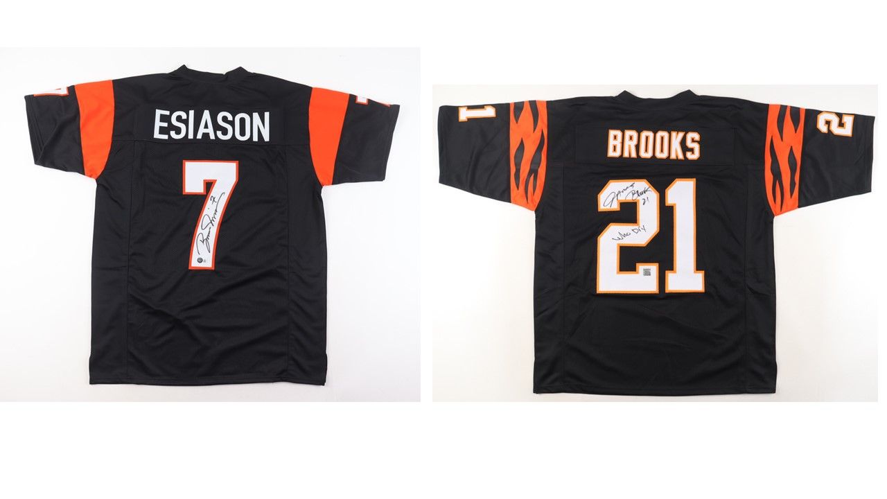 Boomer Esiason Signed Cincinnati Bengals Jersey (Beckett) & James Brooks Signed Cincinnati Bengals Jersey Inscribed "Who Dey" (Playball Ink)