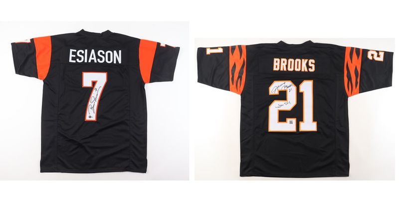 Boomer Esiason Signed Cincinnati Bengals Jersey (Beckett) & James Brooks Signed Cincinnati Bengals Jersey Inscribed "Who Dey" (Playball Ink)