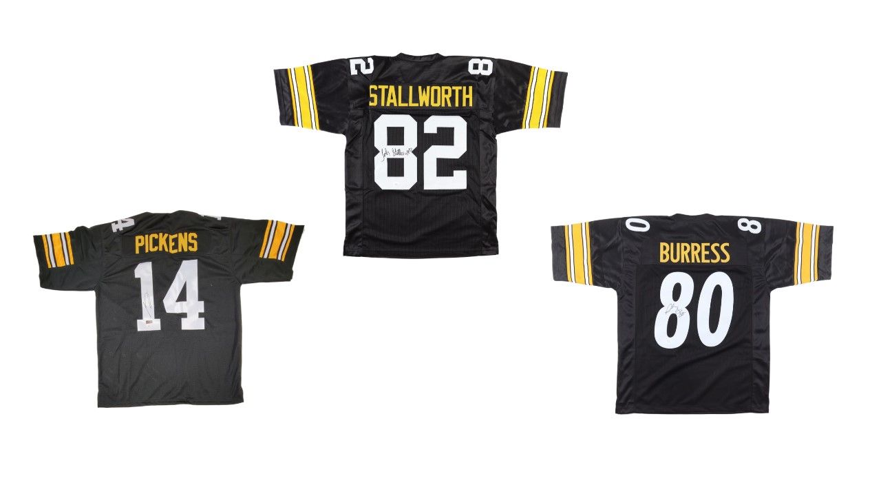 John Stallworth Signed Pittsburgh Steelers Jersey (JSA), George Pickens Signed Pittsburgh Steelers Jersey (JSA), & Plaxico Burress Signed Pittsburgh Steelers Jersey (JSA)