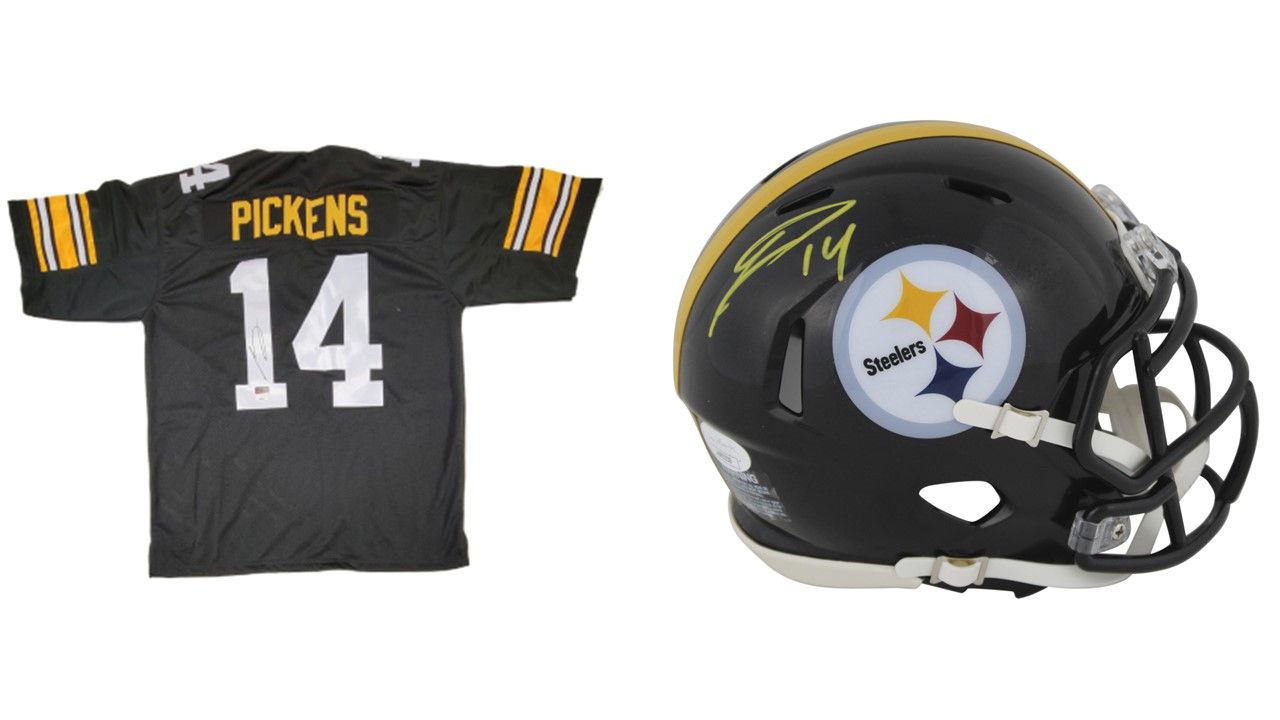 George Pickens Signed Pittsburgh Steeler Jersey (JSA) & George Pickens Signed Pittsburgh Steelers Speed Mini Helmet (JSA)