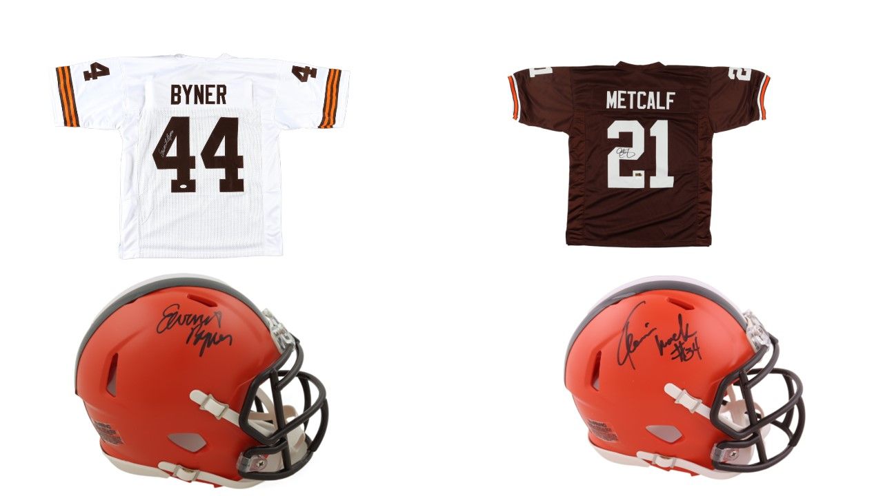 Earnest Byner Signed Cleveland Brown Jersey (JSA), Earnest Byner Signed Browns Speed Mini Helmet (JSA), Kevin Mack Signed Browns Speed Mini Helmet (JSA), & Eric Metcalf Signed Jersey (JSA/Players Ink)