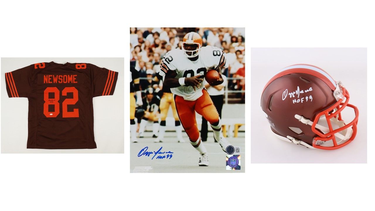 Ozzie Newsome Signed Cleveland Browns 8x10 Photo Inscribed "HOF 99", Ozzie Newsome Signed Browns Jersey Inscribed "HOF 99", and Ozzie Newsome Signed Browns Flash Alternate Speed Mini Helmet (JSA)