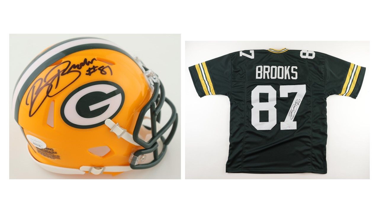 Robert Brooks Signed Green Bay Packers Speed Mini Helmet (JSA) and Robert Brooks Signed Green Bay Packers Jersey (PSA)