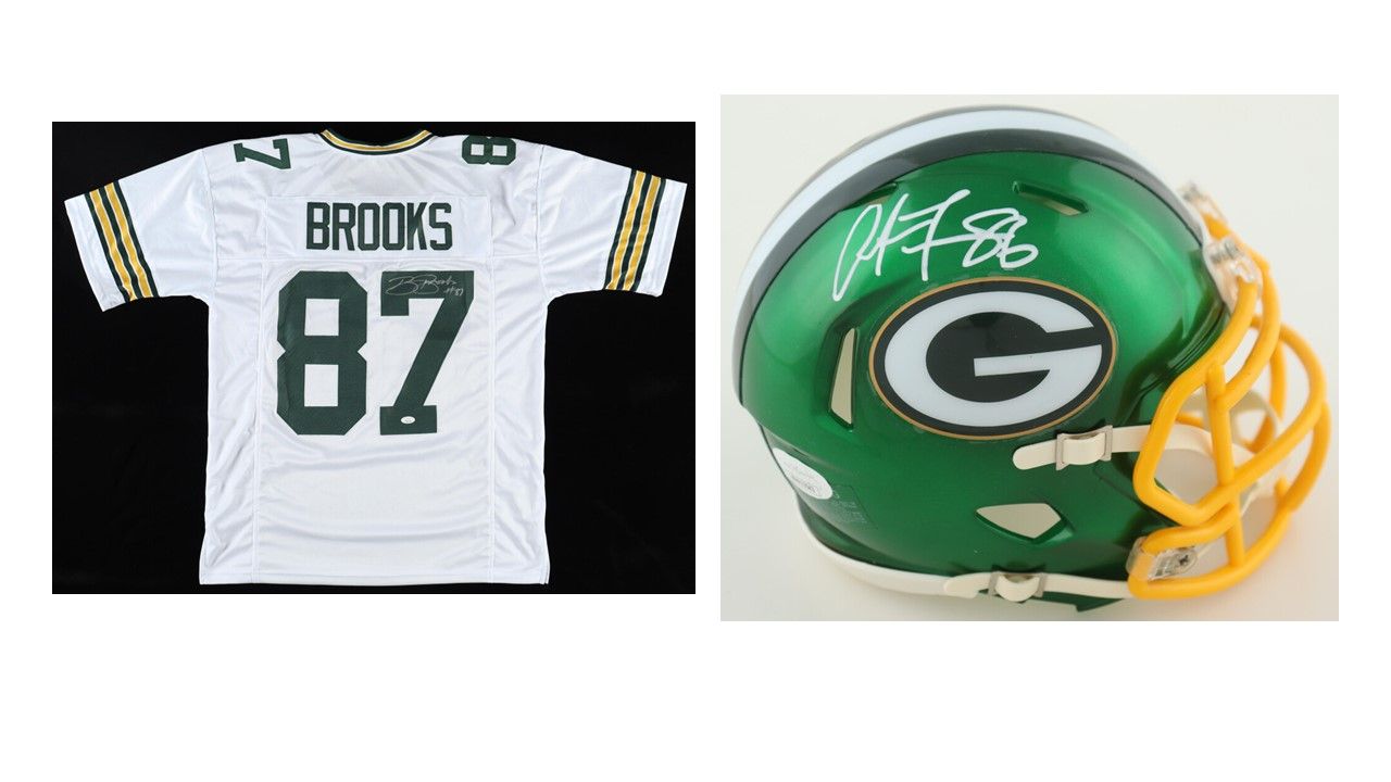 Robert Brooks Signed Green Bay Packer Jersey (JSA) and Antonio Freeman Signed Green Bay Packer Flash Alternate Speed Mini Helmet (JSA)