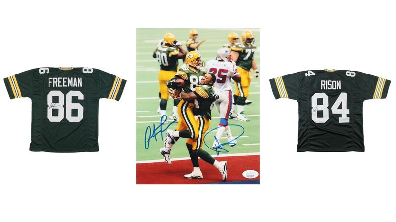 Antonio Freeman/Andre Rison Signed Green Bay Packers 8x10 Photo (JSA), Antonio Freeman Signed Green Bay Packers Jersey (JSA), & Andre Rison Signed Green Bay Packers Jersey (PSA) Antonio Freeman/Andre Rison Signed Green Bay Packers 8x10 Photo (JSA), Antonio Freeman Signed Green Bay Packers Jersey (JSA), & Andre Rison Signed Green Bay Packers Jersey (PSA)
