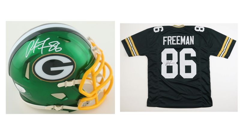 Antonio Freeman Signed Packers Flash Alternate Speed Mini Helmet (JSA) and Antonio Freeman Signed Jersey (PSA)