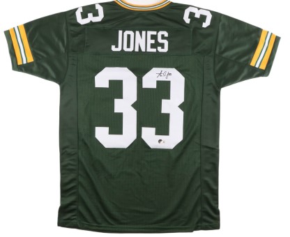 Aaron Jones Signed Green Bay Packers Jersey (Beckett), Aaron Jones Signed Green Bay Packers Speed Mini Helmet (JSA), & Aaron Jones Signed Green Bay Packers 16x20 Photo (Beckett)