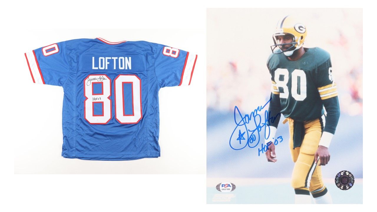 James Lofton Signed Buffalo Bills Jersey Inscribed "HOF 03" (JSA) & James Lofton Signed Green Bay Packers 8x10 Photo Inscribed "HOF '03" (PSA)