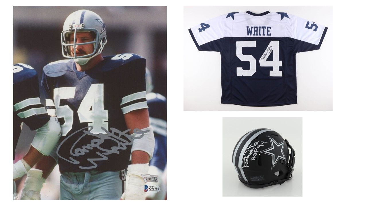 Randy White Signed Dallas Cowboys 8x10 Photo (Beckett & Fanatics), Randy White Signed Dallas Eclipse Alternate Speed Mini Helmet Inscribed "HOF 94" (JSA), and Randy White Signed Cowboys Jersey (JSA)