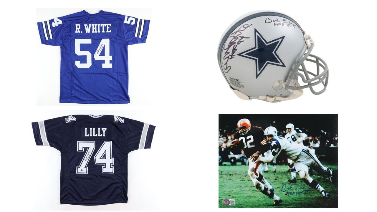 Randy White Signed Jersey Inscribed "HOF 94" (JSA), Bob Lilly/Randy White Signed Mini Helmet, Bob Lilly Signed Jersey Inscribed "HOF '80" (Beckett), Bob Lilly Signed Cowboys 8x10 Photo Inscrib "HOF80"