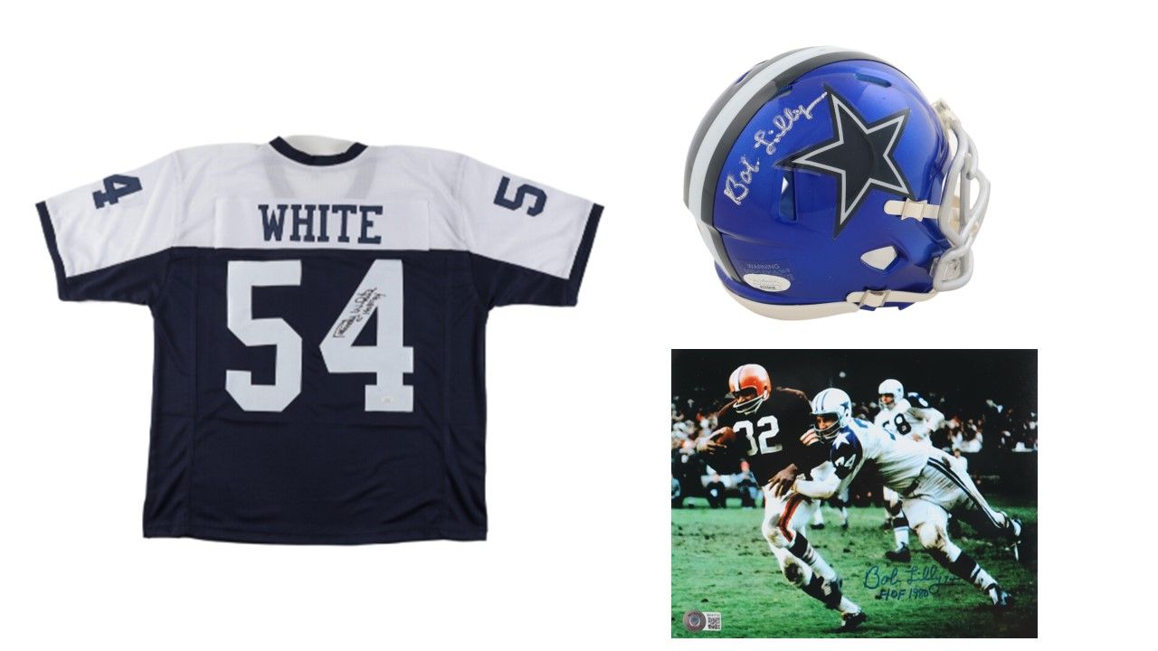 Randy White Signed Dallas Cowboys Jersey Inscribed "HOF 94" (JSA), Bob Lilly Signed Cowboys 8x10 Photo Inscribed "HOF '80" (Beckett), & Bob Lilly Signed Cowboys Flash Alternate Speed Mini Helmet (JSA)