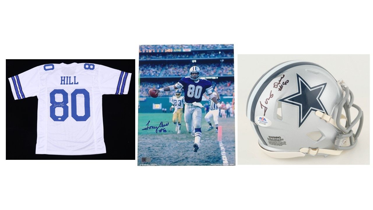 Tony Hill Signed Dallas Cowboys Jersey (JSA) and Tony Hill Signed Dallas Cowboys 8x10 Photo (AIV), & Tony Hill Signed Dallas Cowboys Speed Mini Helmet (PSA)