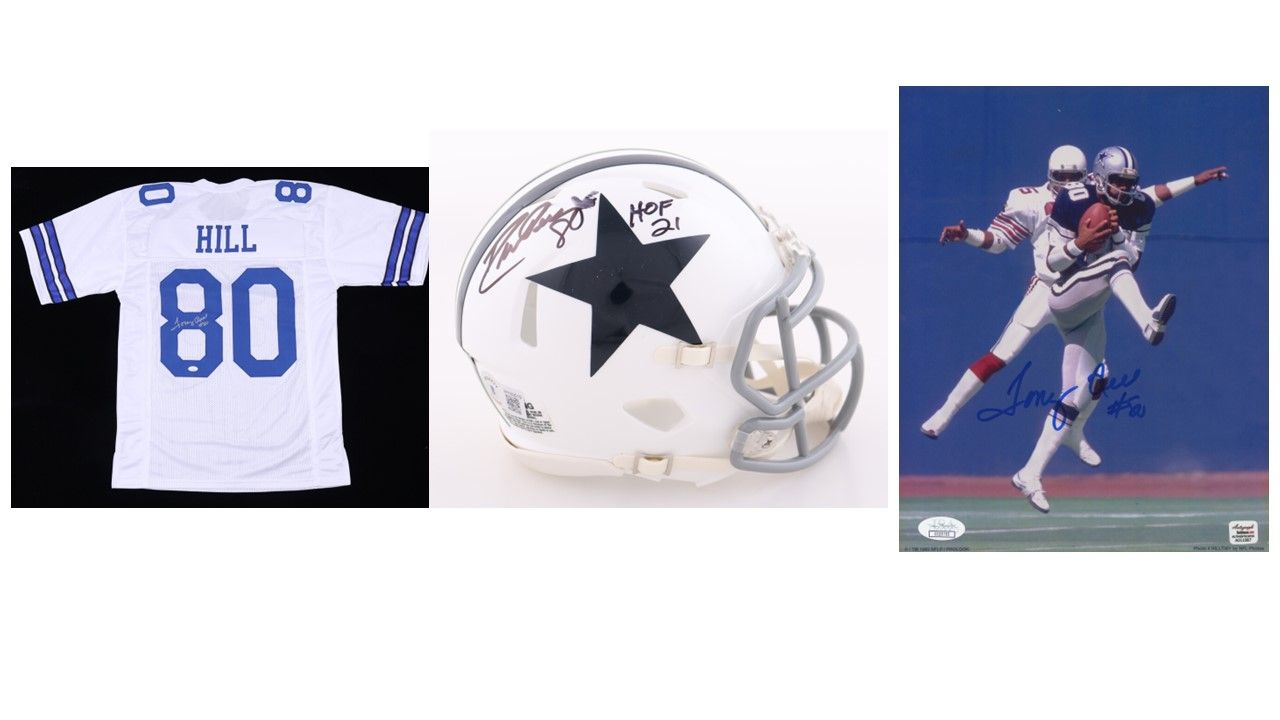 Tony Hill Signed Dallas Cowboys 8x10 Photo (JSA COA) and Tony Hill Signed Dallas Cowboys Jersey (JSA) & Drew Pearson Signed Dallas Cowboys Speed Mini Helmet Inscribed "HOF '21" (Beckett)