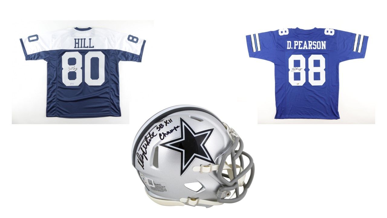 Tony Hill Signed Dallas Cowboys Jersey Inscribed "SB XII" (PSA) and Drew Pearson Signed Cowboys Jersey (Players Ink), & Danny White Signed Cowboys Speed Mini Helmet Inscribed "SB XII Champs" (Beckett)