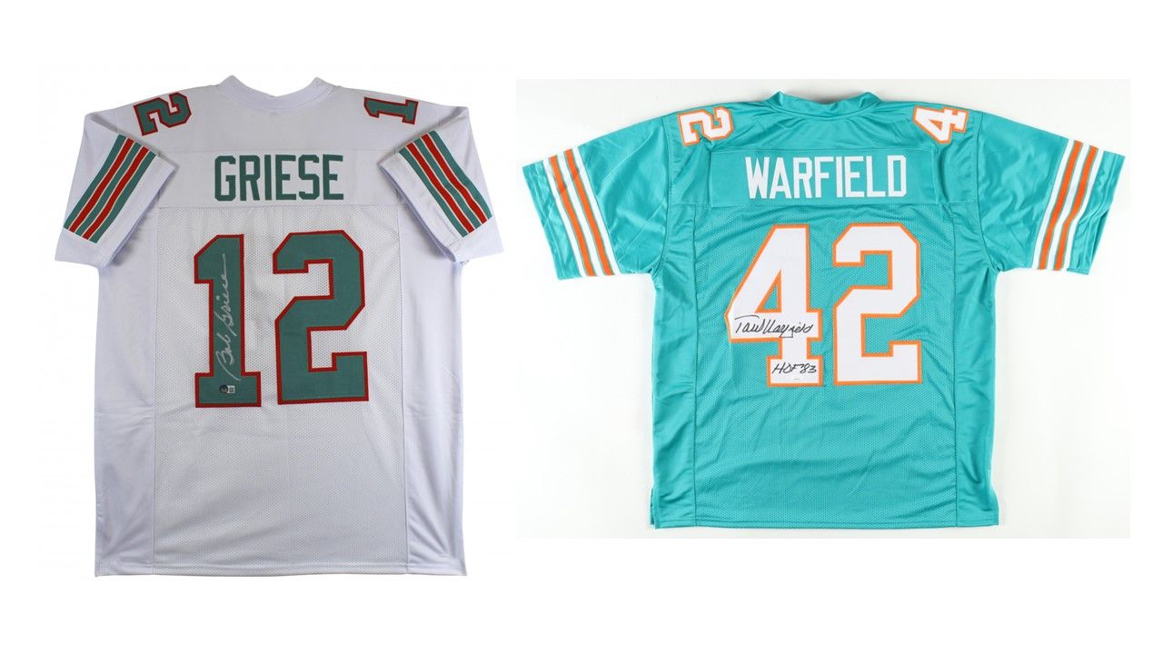 Bob Griese Signed Miami Dolphins Jersey (Beckett) & Paul Warfield Signed Miami Dolphins Jersey Inscribed "HOF '83" (JSA)