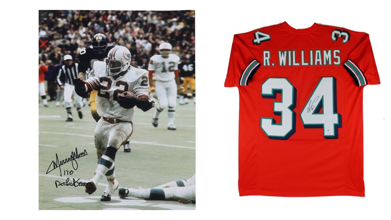 Ricky Williams Signed Miami Dolphins Jersey (Beckett) & Mercury Morris Signed Miami Dolphins 11x14 Photo Inscribed "Perfect Season" (Playball Ink)