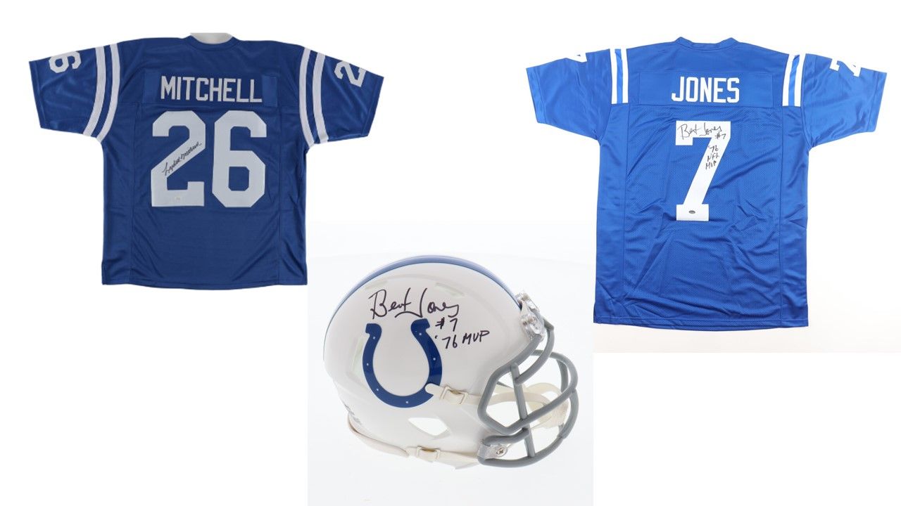 Lydell Mitchell Signed Baltimore Colts Jersey (JSA), Bert Jones Signed Colts Jersey Inscribed "76 NFL MVP" (Schwartz), & Bert Jones Signed Baltimore Speed Mini Helmet Inscribed "'76 MVP" (Schwartz)