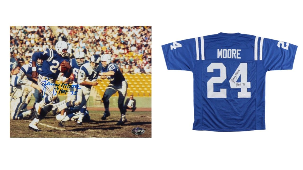 Lenny Moore Signed Baltimore Colts 8x10 Photo Inscribed "HOF 75" (PSA) and Lenny Moore Signed Baltimore Colts Jersey Inscribed "HOF 75" (JSA)