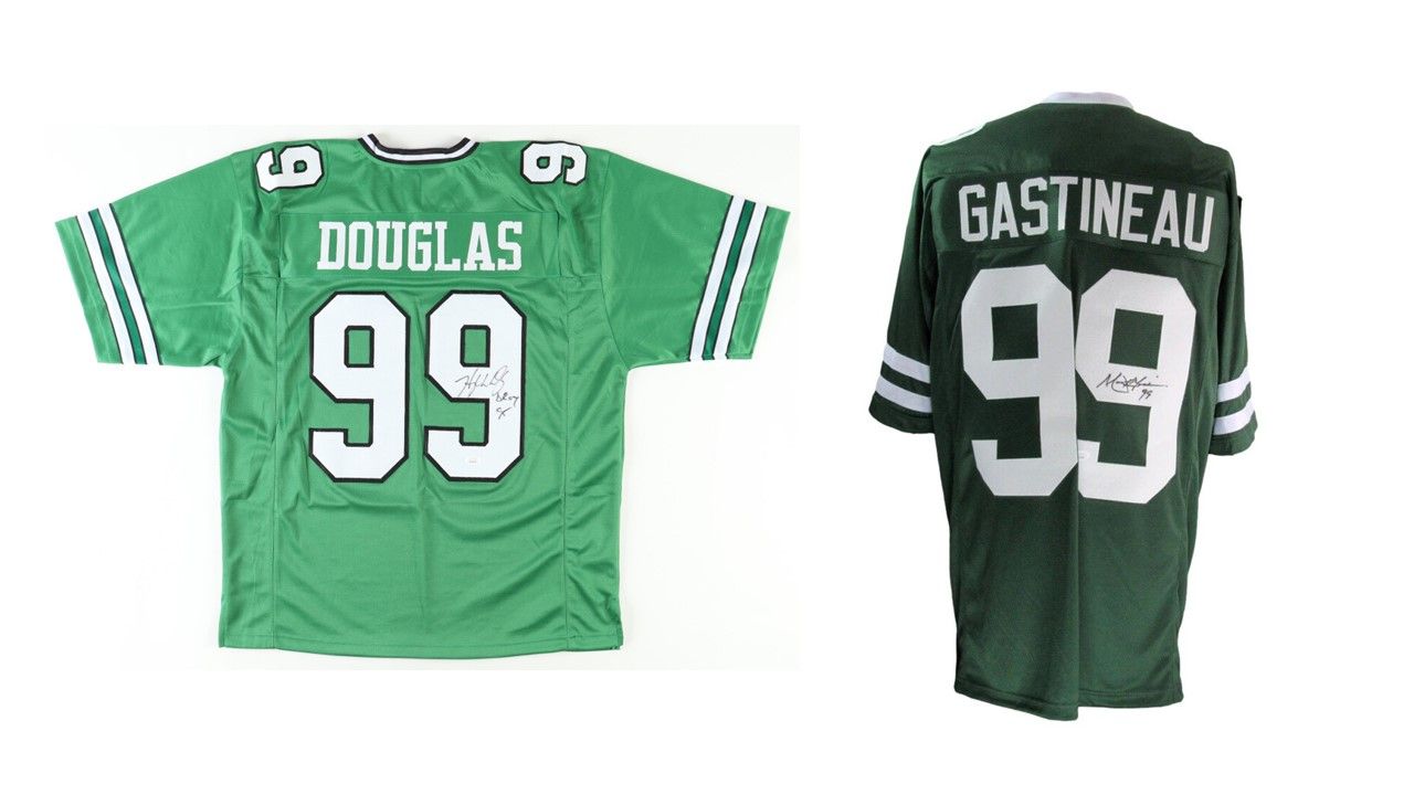 Mark Gastineau Signed New York Jets Jersey (JSA) & Hugh Douglas Signed New York Jets Jersey Inscribed "DROY 95" (JSA)
