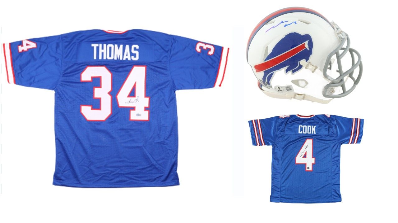 Thurman Thomas Signed Buffalo Bills Jersey (Beckett), James Cook Signed Buffalo Bills Jersey (Beckett), & James Cook Signed Buffalo Bills Speed Mini Helmet (Beckett)