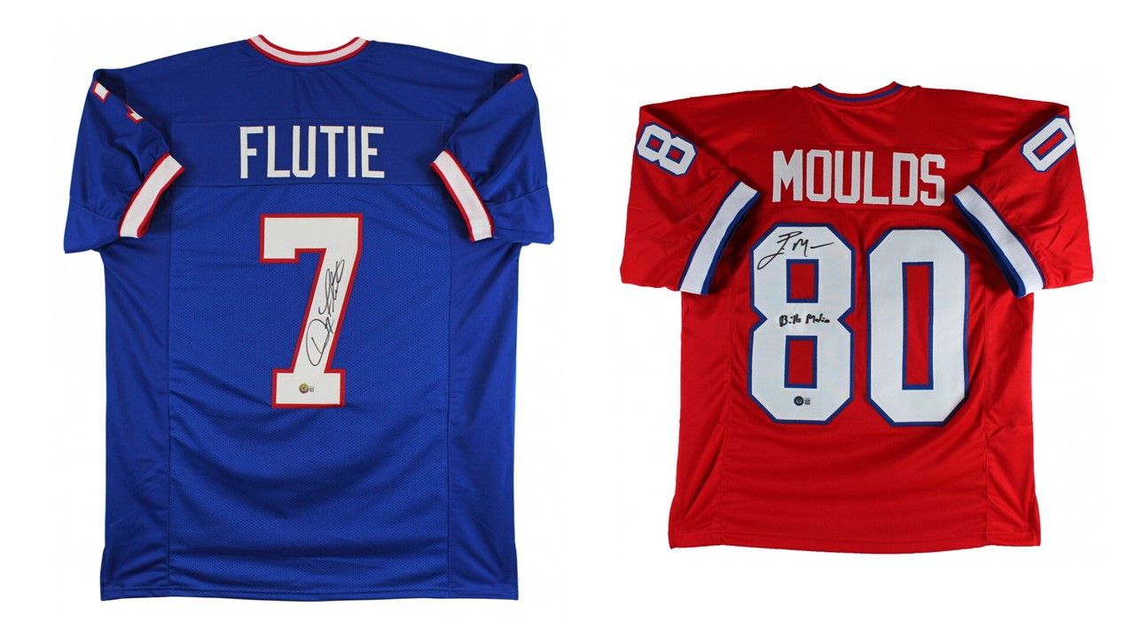 Doug Flutie Signed Jersey (Beckett) and Eric Moulds Signed Jersey Inscribed "Bills Mafia" (Beckett)