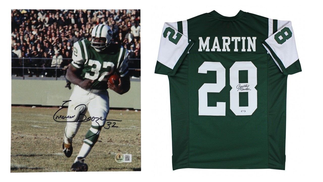 Curtis Martin Signed New York Jets Jersey (PSA) & Emerson Boozer Signed New York Jets 8x10 Photo (Beckett)