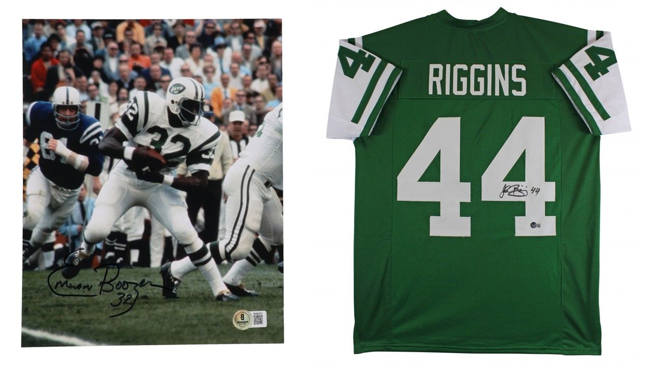 John Riggins Signed New York Jets Jersey (Beckett) & Emerson Boozer Signed New York Jets 8x10 Photo (Beckett)